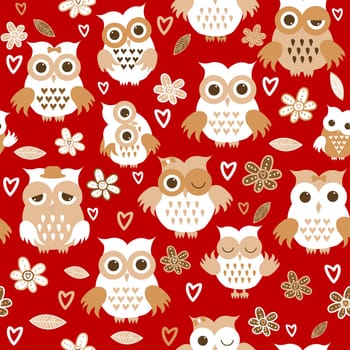 Cartoon owls over red background. Seamless pattern with owls and flowers