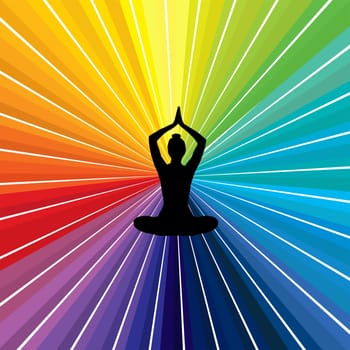 Yoga practitioner in pose of lotus meditating over a sunburst in chakra colors