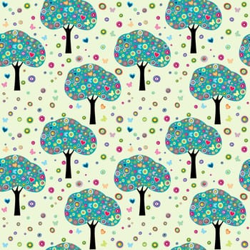 Spring background with tree, flowers and butterflies