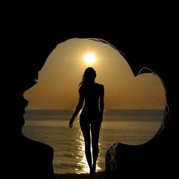 Double exposure of a woman head combined with a woman silhouette over a seaside shore at sunrise