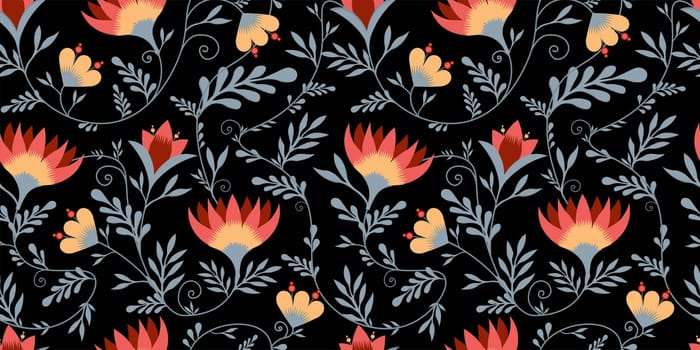 abstract floral pattern. Chrysanthemums pattern for textiles and fabrics. Pink and cherry colors. Black background.Vector illustration Japanese flowers.Petrikov painting.
