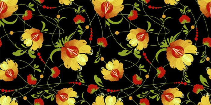 abstract floral pattern. Chrysanthemums pattern for textiles and fabrics. Pink and cherry colors. Black background.Vector illustration Japanese flowers.Petrikov painting.