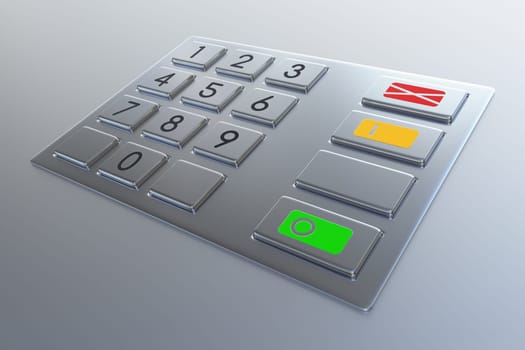Atm machine keypad. Numbers buttons with additional red, yellow and green. Pin code safety, banking, electronic cash withdrawal, bank account access concept.