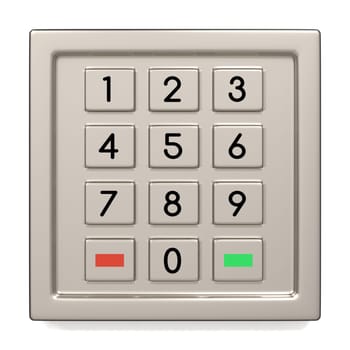 Atm machine keypad. Numbers buttons with additional red, yellow and green. Pin code safety, banking, electronic cash withdrawal, bank account access concept.