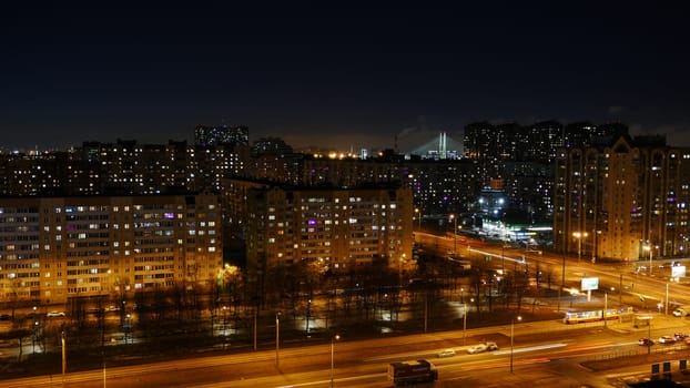 St. Petersburg at night from a bird's eye view, city lights, night traffic, lights in the windows of buildings