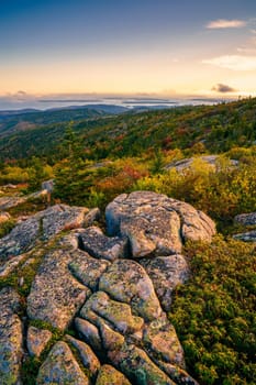 Scenic view of Acadia National Park and Atlantic coast from Cadillac Mountain at sunset