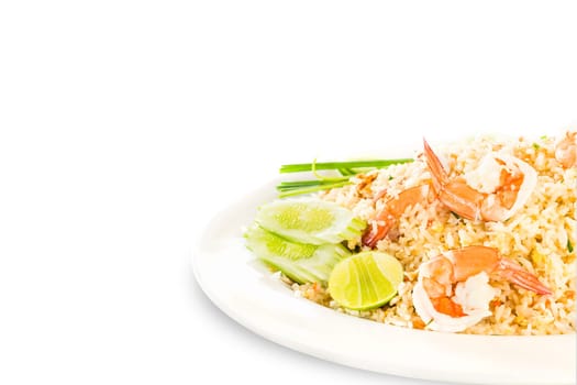 Fried rice with shrimp in white plate on white background