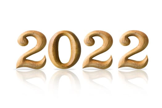 Beautiful wooden numeric 2022 with shadow on white background