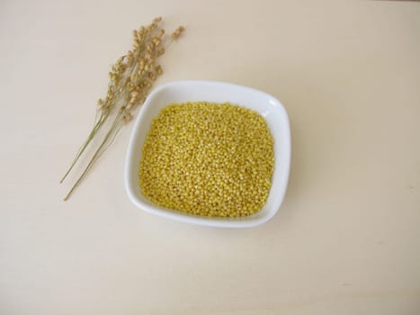 Small-seeded millet on wooden board