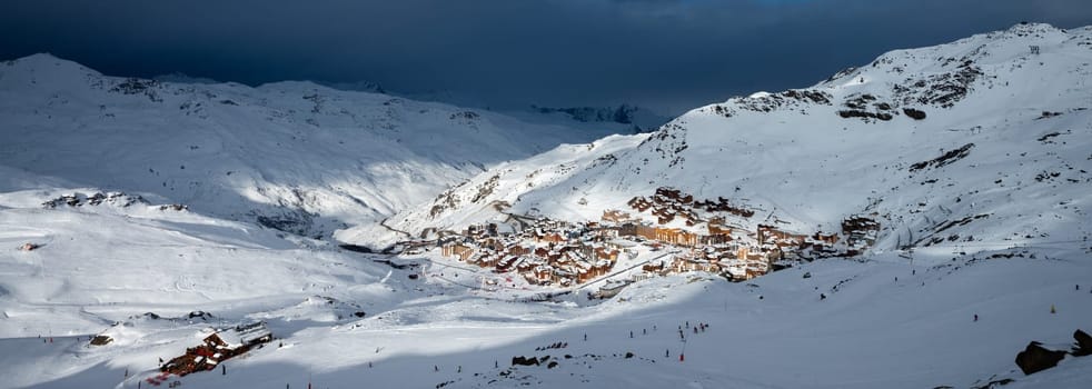 Panorama of famous Val Thorens in french alps by night, Vanoise, France.