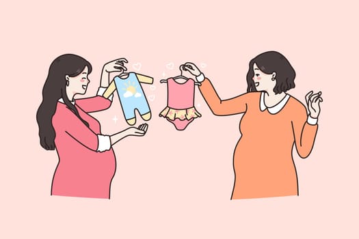 Happy maternity and pregnancy concept. Two smiling pregnant women standing choosing clothing for their babies boy and girl vector illustration