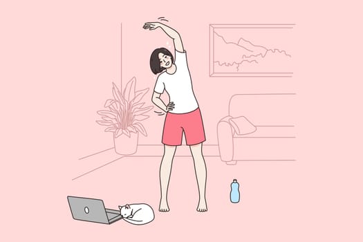 Online fitness and lifestyle concept. Smiling girl making workout sport fitness at home during online lesson with laptop vector illustration