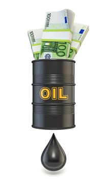 Oil barrel full of Euros banknotes produce one oil drop 3D rendering illustration isolated on white background