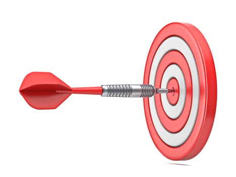Dart hitting red target 3D rendering illustration isolated on white background