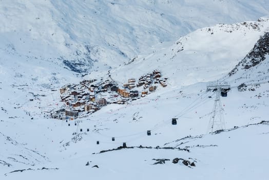 Panorama of famous Val Thorens in french alps by night, Vanoise, France.