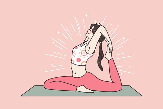 Active healthy lifestyle and sport concept. Young woman making stretching yoga or pilates workout on mat feeling harmony vector illustration