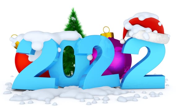 Snowy numbers 2022 next to a Christmas tree. 3D rendering.