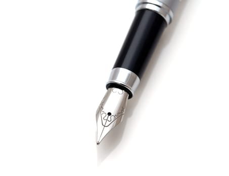 Close up of details of a fountain pen on white background