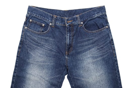 Jeans pants front with pockets and zipper, isolated on white background