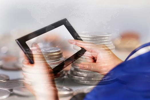 Online banking and internet banking and people networking account banking finance concept, Business women with laptop, phone, cellphone, tablet, smartphone mobile, and coin money on business office table