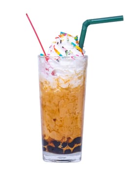 Tea thai, Ice tea milk or Ice milk tea, Sweet drink with whipped cream, Isolated, on white background, Clipping path