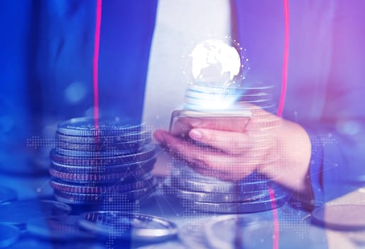 Double exposure, Online banking and internet banking and people networking account banking finance concept, Young women with laptop, phone, cellphone, tablet, smartphone mobile, and coin money on blurred background