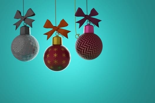 3d illustration. Hanging christmas balls  isolated on a green background . Copy space for logo and text