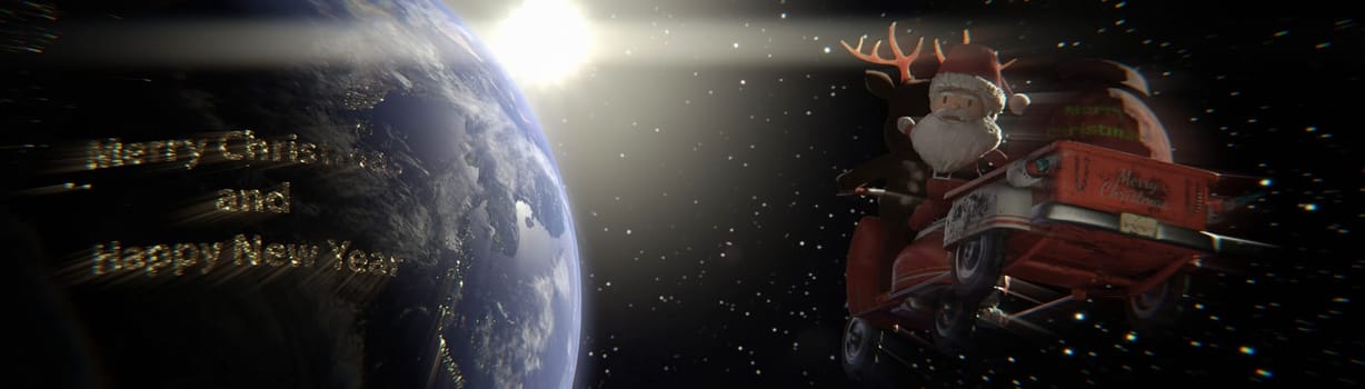 3d illustration. Santa Claus flies over the Earth with a spectacular sunset . copy space for logo and text
