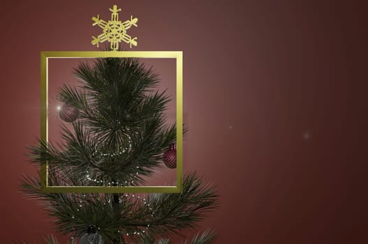 3d illustration. Decorated Christmas tree on blurred red background . Copy space for logo and text