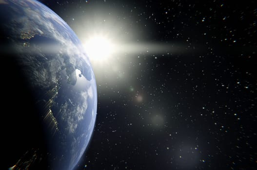 3d illustration. Planet Earth with a spectacular sunset . Copy space for logo and text