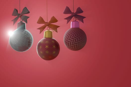 3d illustration. Hanging christmas balls isolated on a red background . Copy space for logo and text