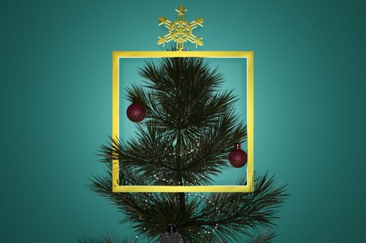3d illustration. Decorated Christmas tree on blurred green background . Copy space for logo and text