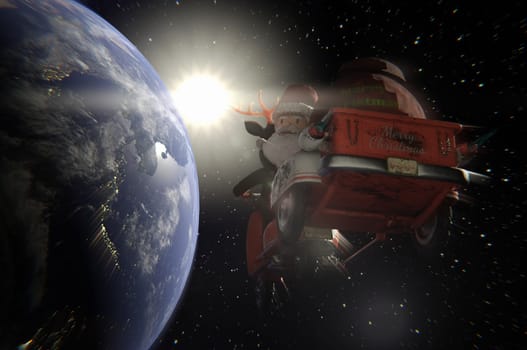 3d illustration. Santa Claus flies over the Earth with a spectacular sunset . copy space for logo and text