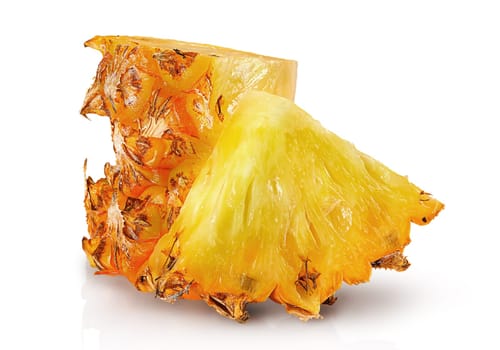 Several slices of pineapple in stack and one near isolated on white background