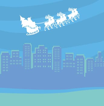 Merry Christmas card with Santa flying over the city