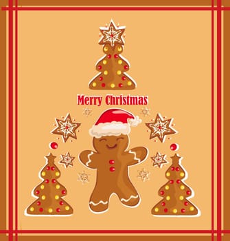 card with a Gingerbread funny Christmas tree decorations