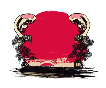 japanese koi and ancient building - decorative frame