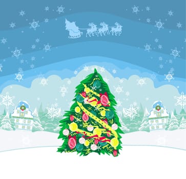 winter landscape with santa flying over the city