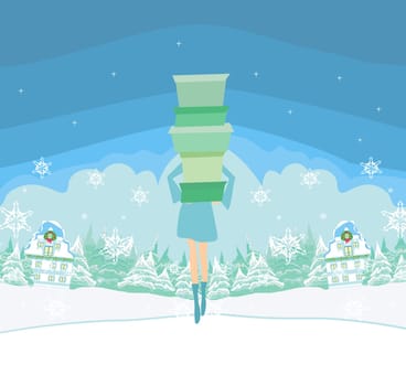 Beautiful girl on winter shopping, Christmas sale card