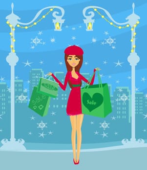 beautiful elegant girl doing Christmas  shopping in the city