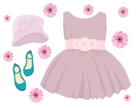 Princess' dress. Doll dress. Ballroom outfit. Tulle skirt. Vector illustration isolated on a white background.