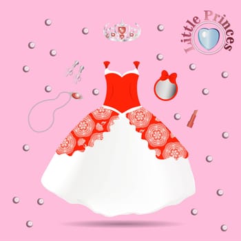 Vector fashion illustration. Beautiful wedding look. Elegant evening dress. Pattern of fashionable dress for little girls. Party clothes for babies. Baby suit. Princess. Tulle skirt.