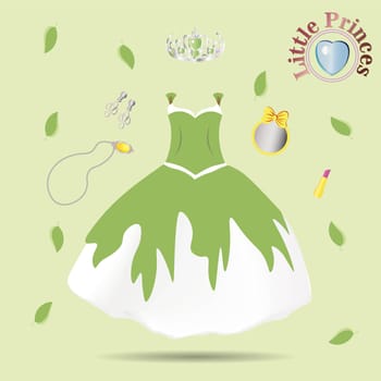 Vector fashion illustration. Beautiful wedding look. Elegant evening dress. Pattern of fashionable dress for little girls. Party clothes for babies. Baby suit. Princess. Tulle skirt.