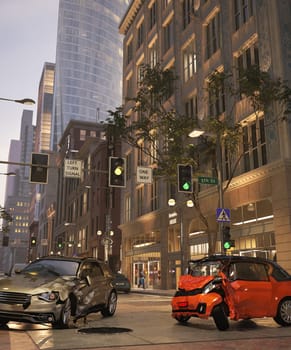 Two cars accident. Crashed cars. A red micro car against a sedan car. On a cross road with big buildings environment background.