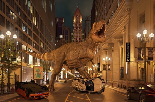 T-Rex dinosaur roaring in the street destroying cars with skyscrapers environment at night time.