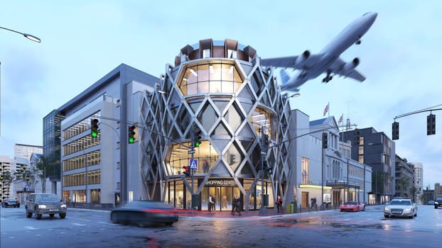 Modern shopping center cityscape with aircraft flying at low altitude. Viewed from a crossroad street.