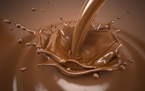 Liquid chocolate double crown splash with ripples. Bird eye view.