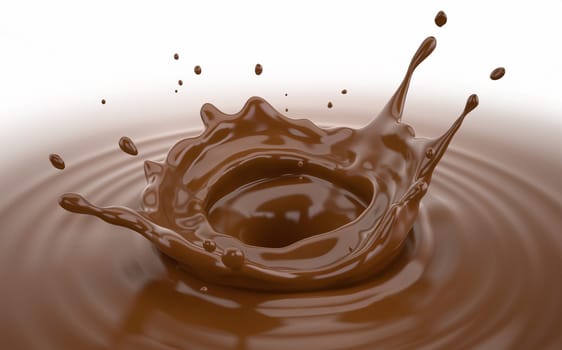 Liquid chocolate crown splash with ripples. Bird eye view. On white background.