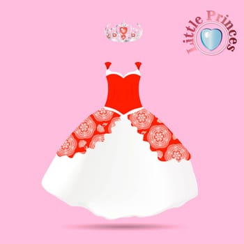 Vector fashion illustration. Beautiful wedding look. Elegant evening dress. Pattern of fashionable dress for little girls. Party clothes for babies. Baby suit. Princess. Tulle skirt.