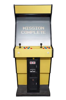 Vintage video game with Mission Complete screen isolated on white